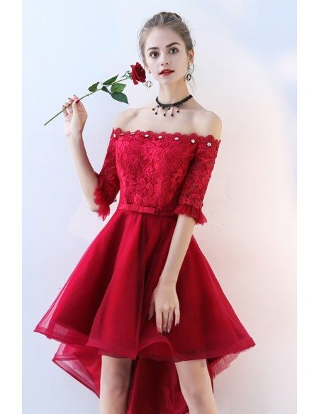 Red High Low Lace Homecoming Prom Dress Off Shoulder Sleeves #BLS86052 ...