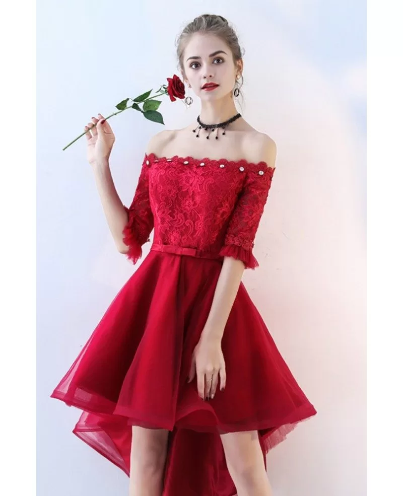 Designer Red Lace Off-shoulder High-low Prom Dress - Promfy