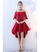 Red High Low Lace Homecoming Prom Dress Off Shoulder Sleeves