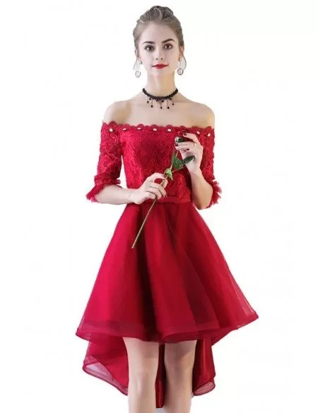 Red High Low Lace Homecoming Prom Dress Off Shoulder Sleeves