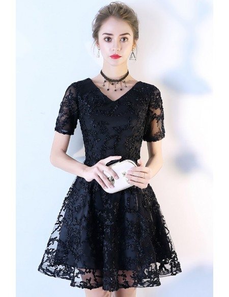 Black Aline Lace V-neck Short Party Dress with Sleeves #BLS86016 ...