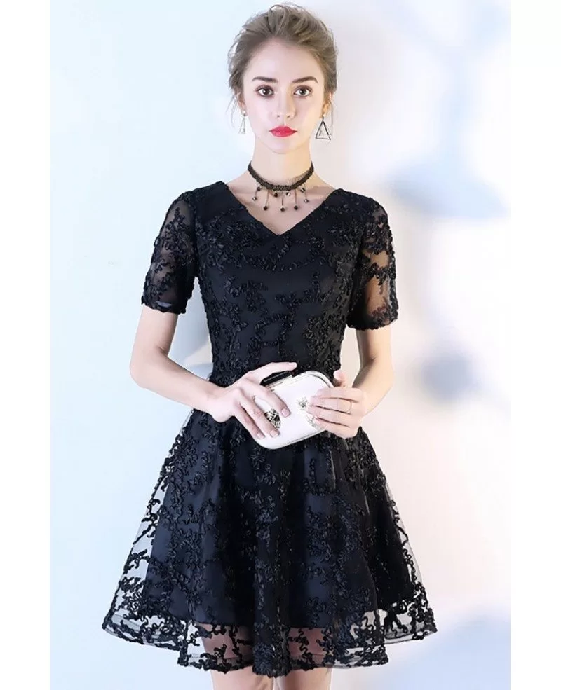 Black Aline Lace V-neck Short Party Dress with Sleeves #BLS86016 ...