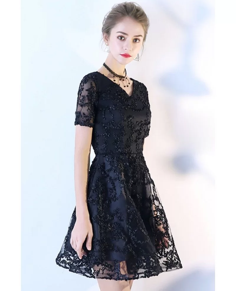Black Aline Lace V-neck Short Party Dress with Sleeves #BLS86016 ...