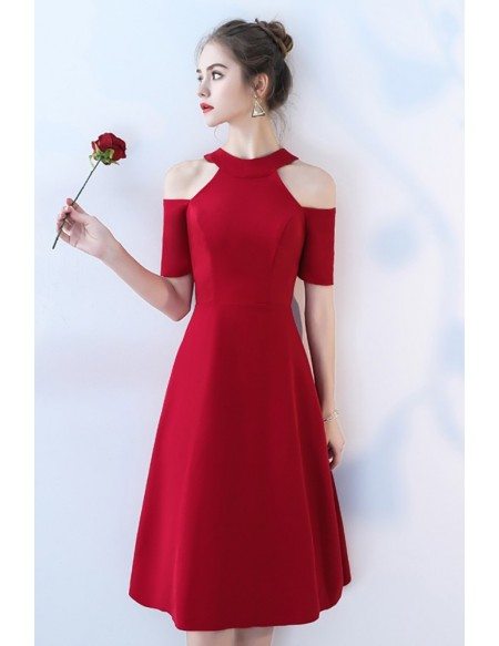 Tea Length Burgundy Party Dress with Cold Shoulder Sleeves