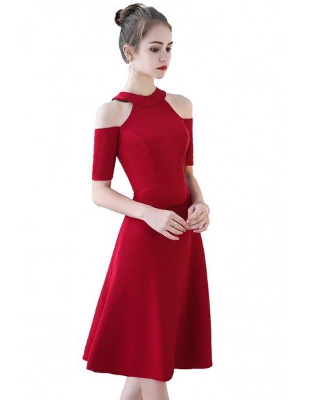 Tea Length Burgundy Party Dress with Cold Shoulder Sleeves