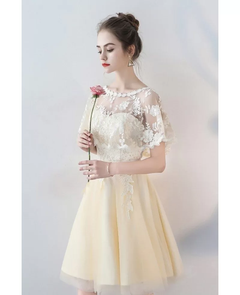 Champagne Aline Tulle Short Party Dress with Lace Cape Sleeves # ...