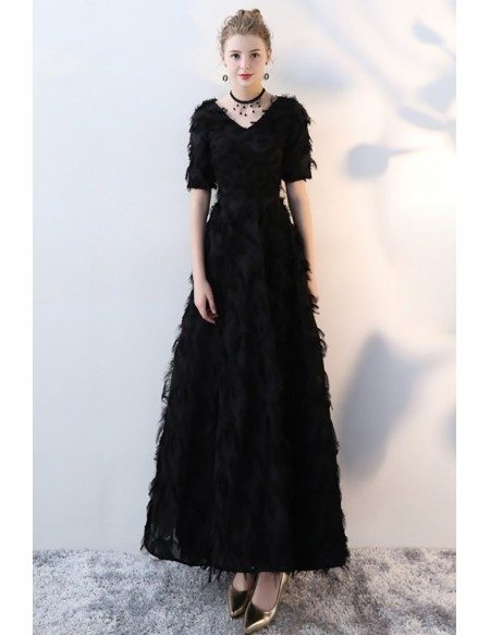 Unique Black Feathers Long Party Dress with Short Sleeves