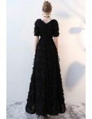 Unique Black Feathers Long Party Dress with Short Sleeves
