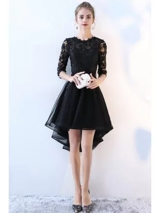 Black Lace Half Sleeve High Low Homecoming Prom Dress