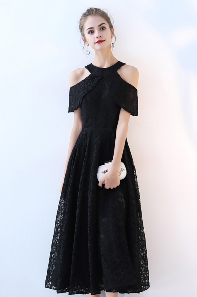 Tea Length Black Aline Lace Party Dress Cold Shoulder #BLS86034 -  GemGrace.com