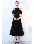 Tea Length Black Aline Lace Party Dress Cold Shoulder