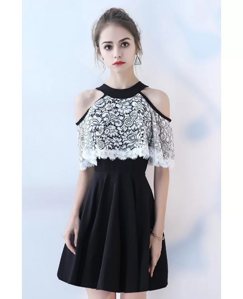 Black with White Lace Short Homecoming Dress Cold Shoulder #BLS86067 ...