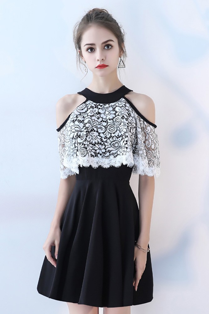 Black with White Lace Short Homecoming Dress Cold Shoulder #BLS86067 ...
