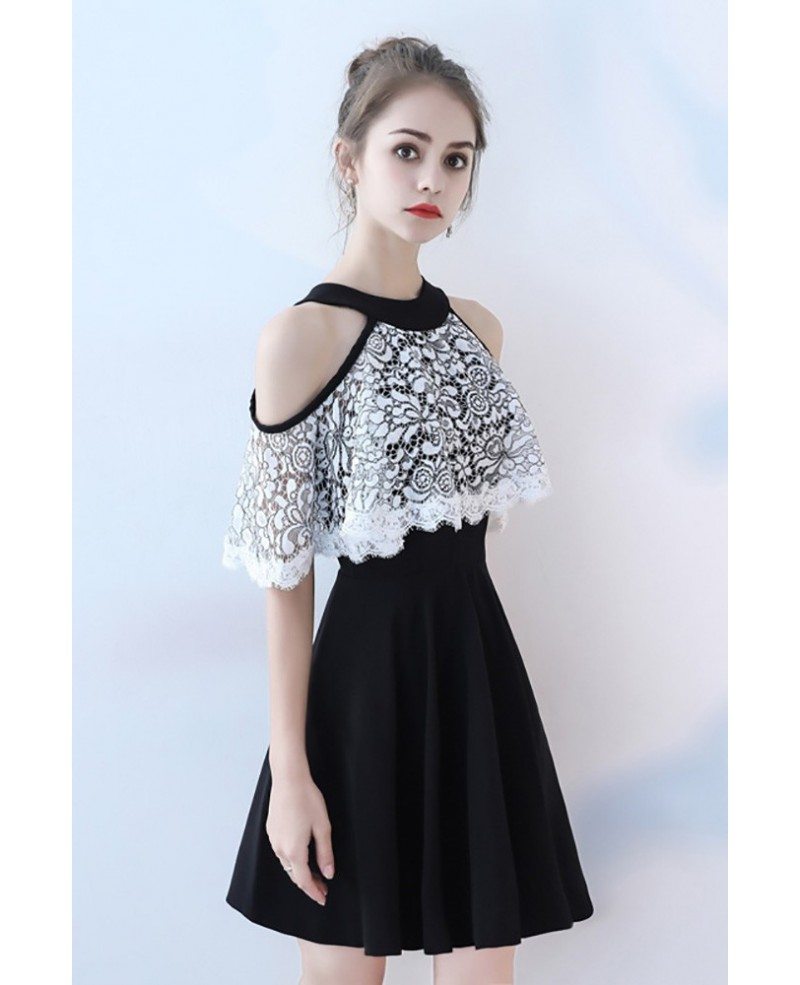 Black with White Lace Short Homecoming Dress Cold Shoulder #BLS86067 ...