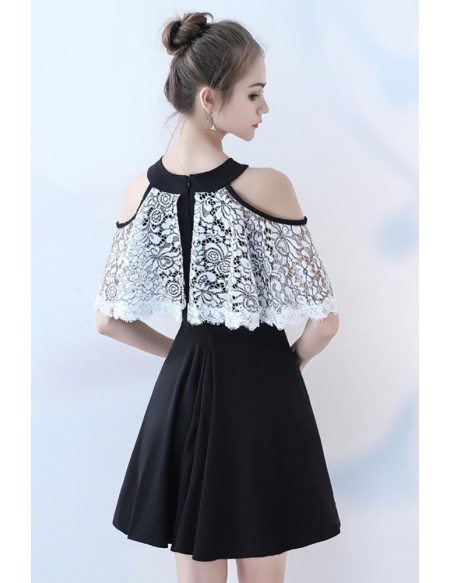 Black with White Lace Short Homecoming Dress Cold Shoulder