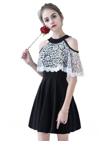 Black with White Lace Short Homecoming Dress Cold Shoulder