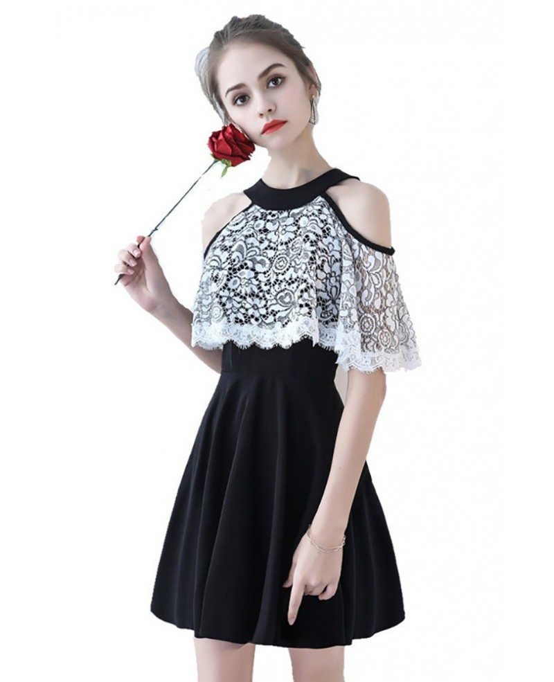 Black with White Lace Short Homecoming Dress Cold Shoulder #BLS86067 ...