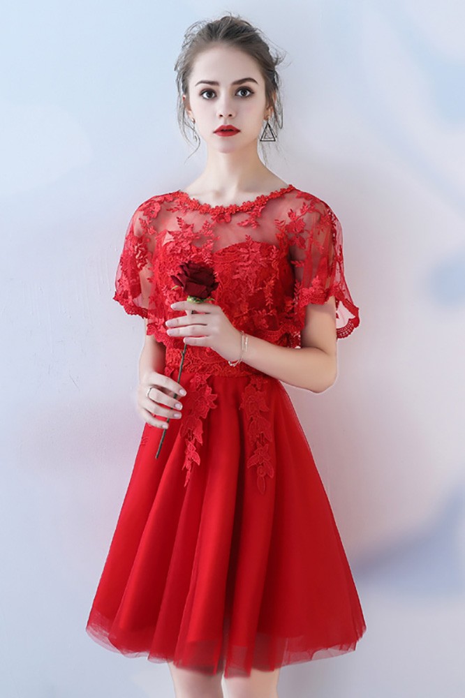 Red Aline Tulle Short Party Dress with Lace Cape Sleeves #BLS86064 ...