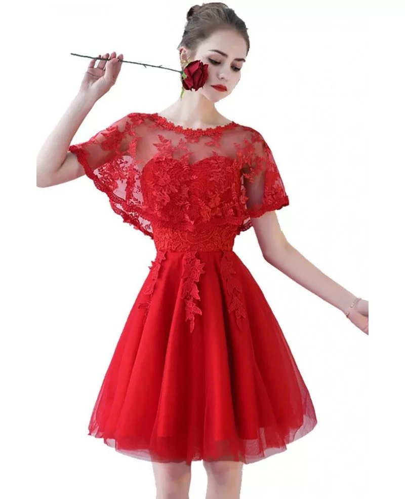 Red Aline Tulle Short Party Dress with Lace Cape Sleeves #BLS86064 ...