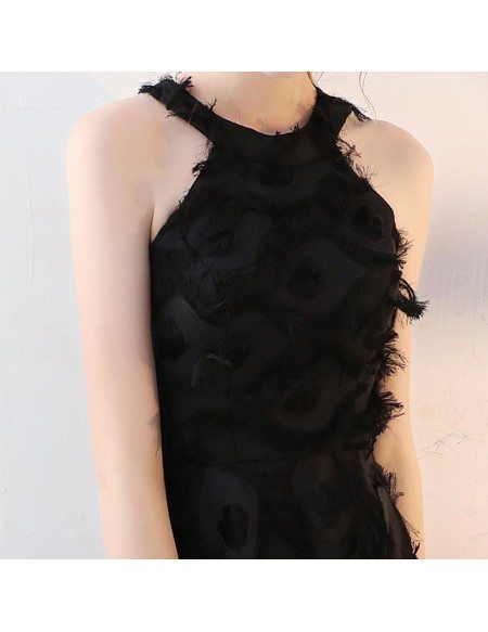 Tea Length Black Halter Party Dress with Feathers