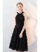Tea Length Black Halter Party Dress with Feathers