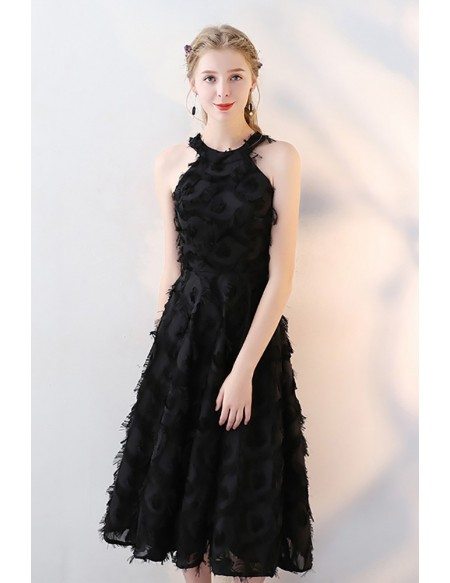 Tea Length Black Halter Party Dress with Feathers #HTX86093 - GemGrace.com