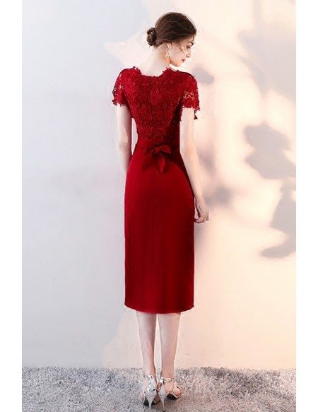 Burgundy Lace Short Sleeves Wedding Party Dress with Slit