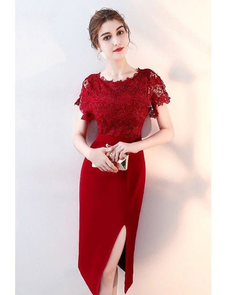 Burgundy Lace Short Sleeves Wedding Party Dress with Slit