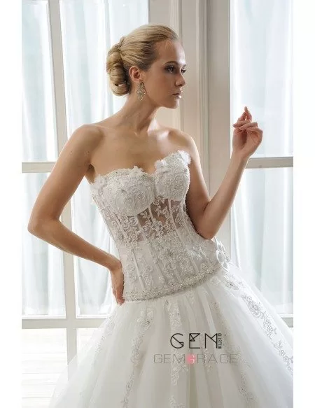Ball-Gown Sweetheart Cathedral Train Tulle Wedding Dress With Beading Appliques Lace