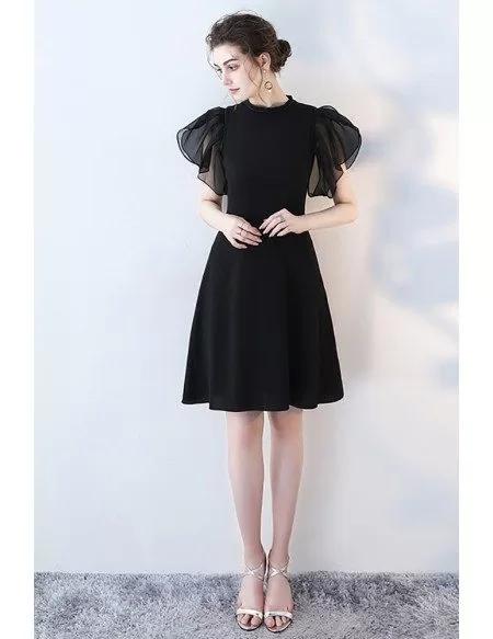 Elegant Short Black Formal Party Dress with Puffy Sleeves