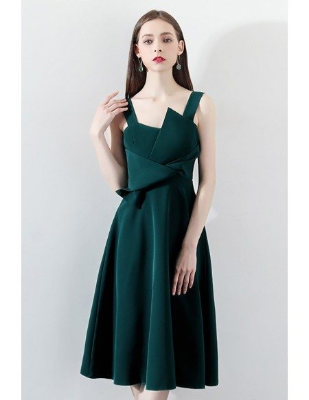 Dark Green Pleated Aline Party Dress with Straps