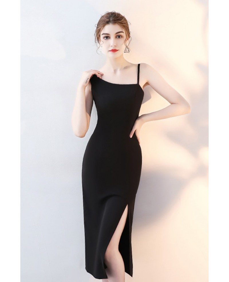 Slim Black Side Slit Party Dress with Straps #HTX86053 - GemGrace.com
