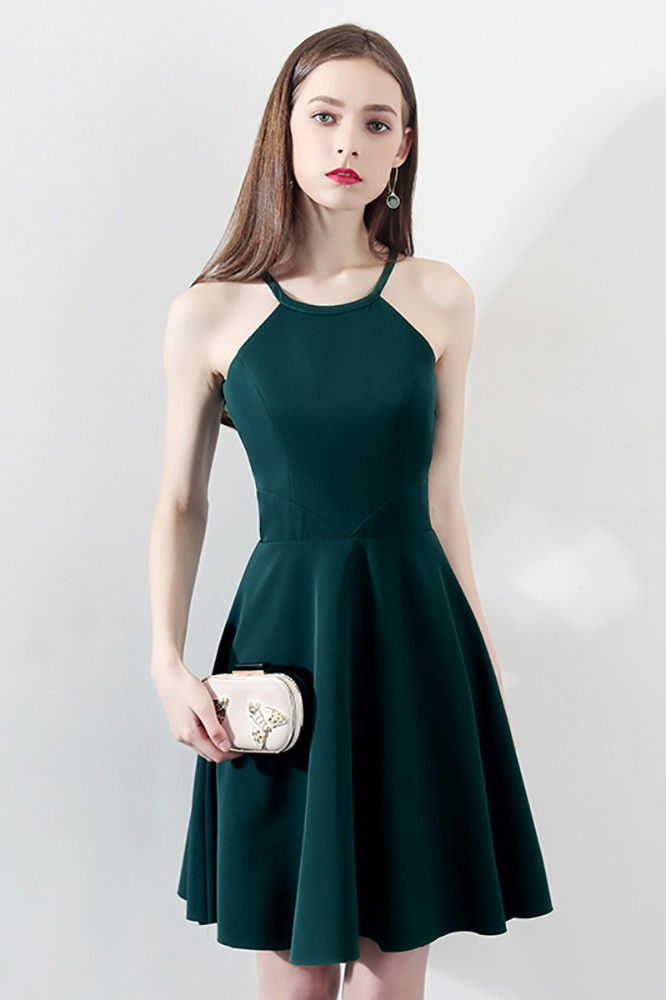Slim Dark Green Aline Short Party Dress Halter HTX86092
