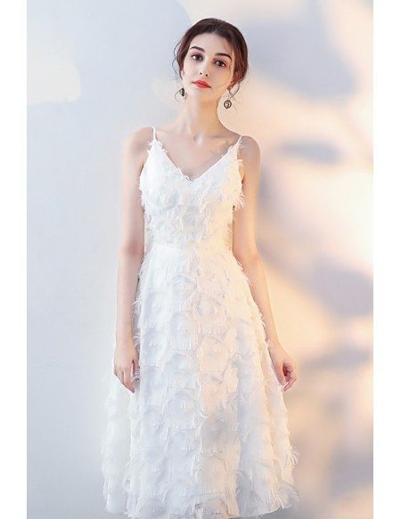 Pretty White Lace Tea Length Party Dress with Straps