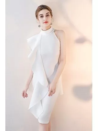 Elegant White Ruffled Sheath Cocktail Dress Short Halter