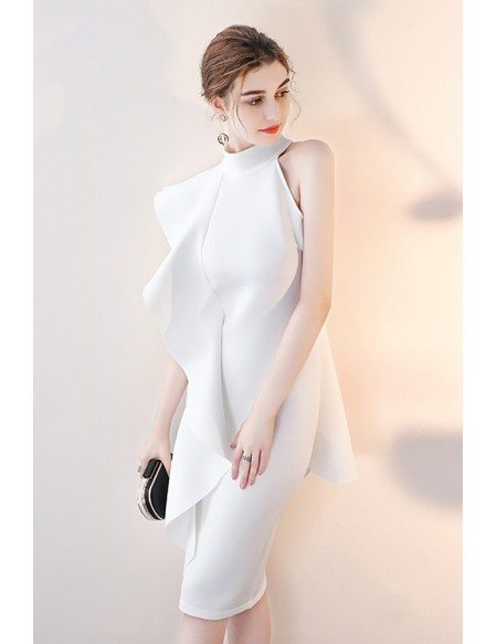 Elegant White Ruffled Sheath Cocktail Dress Short Halter #HTX86004 ...