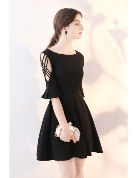 Short Black Flare Aline Homecoming Dress with Sleeves