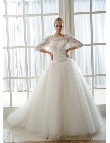 Ball-Gown Scoop Neck Chapel Train Tulle Wedding Dress With Beading Appliques Lace