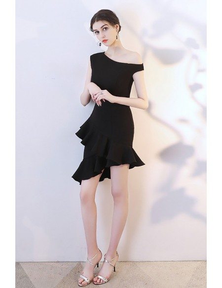 Little Black Fitted Mermaid Short Party Dress with Ruffles