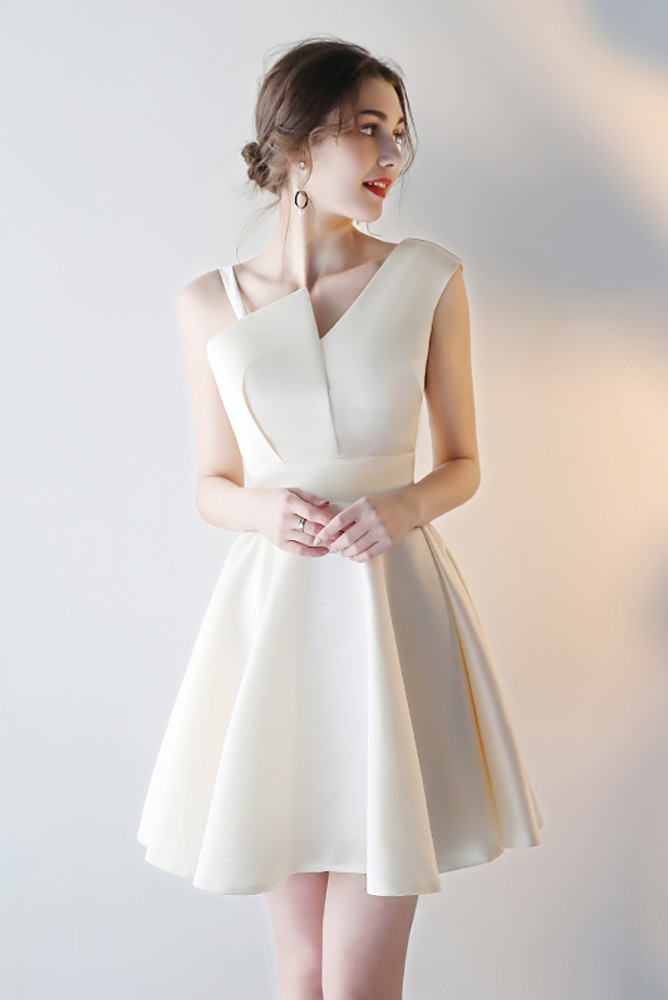 Simple Champagne Homecoming Party Dress Short with Asymmetrical Straps  #HTX86024 - GemGrace.com