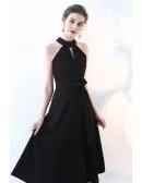 Elegant Tea Length Black Party Dress Halter Neckline