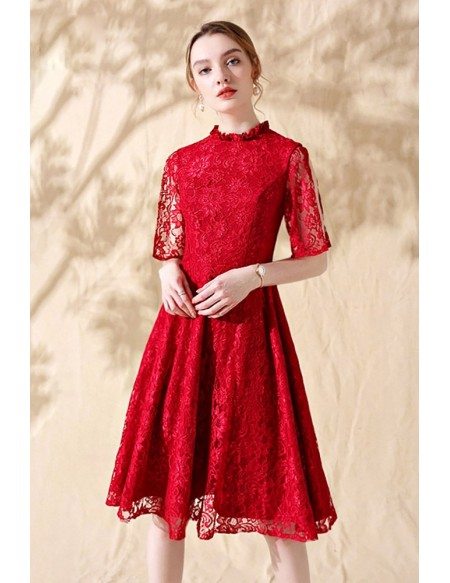 Red Lace Short Aline Party Dress with Lace Sleeves