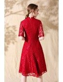 Red Lace Short Aline Party Dress with Lace Sleeves
