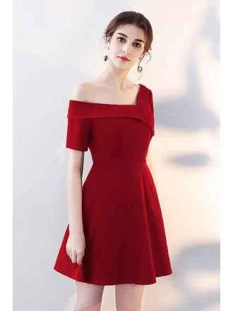 Asymmetrical Off Shoulder Burgundy Homecoming Dress with Sleeves
