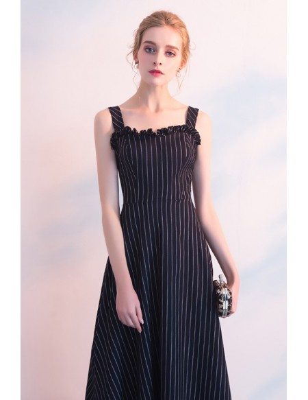 Striped Navy Blue Tea Length Casual Party Dress with Straps