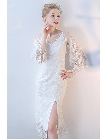 White Feathers Slit V-neck Party Dress with Puffy Sleeves