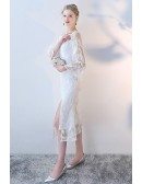 White Feathers Slit V-neck Party Dress with Puffy Sleeves