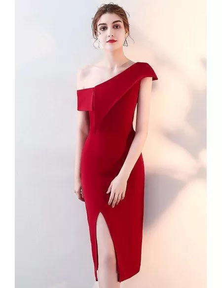 Sheath Side Slit Burgundy Red Party Dress with One Shoulder