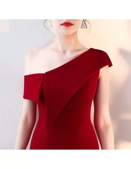 Sheath Side Slit Burgundy Red Party Dress with One Shoulder