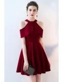 Short Red Burgundy Halter Homecoming Dress with Flounce